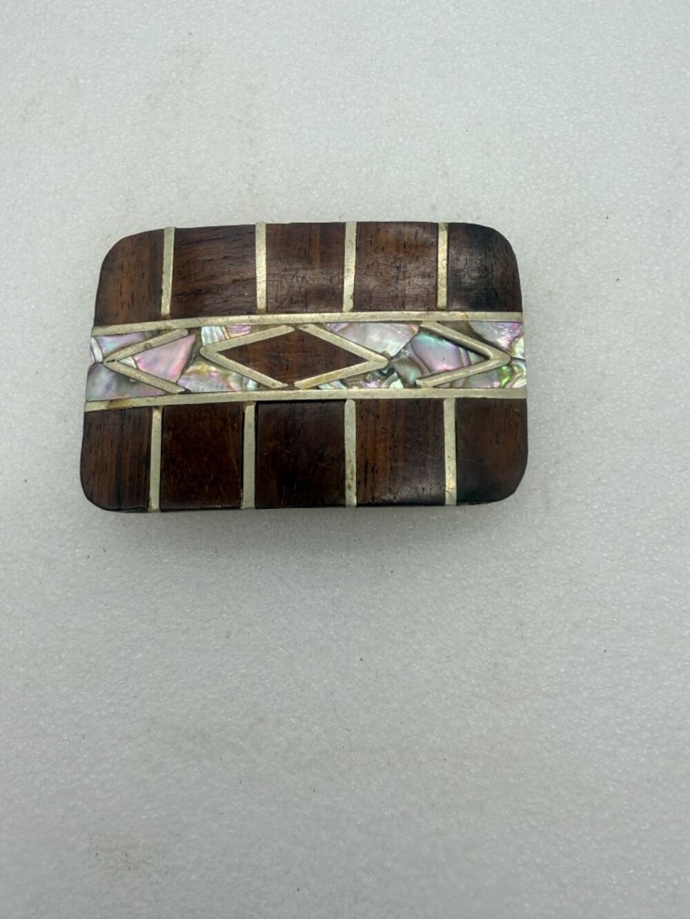 Vintage Wood and Inlaid Abalone Shell Belt Buckle Mexico